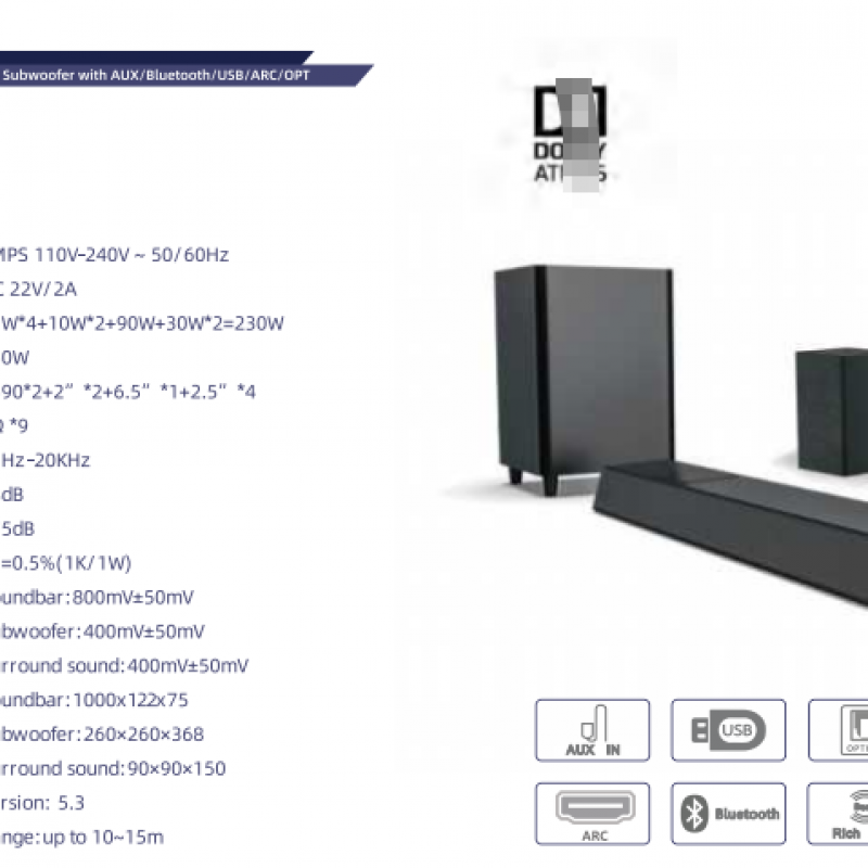 5.1.2CH Wireless Subwoofer with AUX/Bluetooth/USB/ARC/OPT