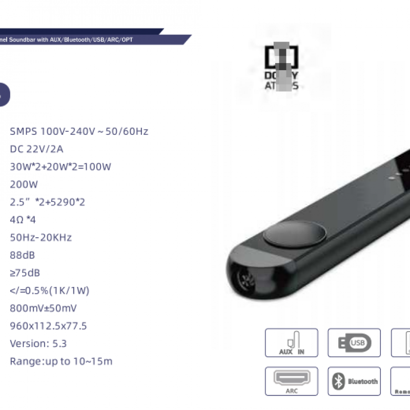 2.0.2 Channel Soundbar with AUX/Bluetooth/USB/ARC/OPT