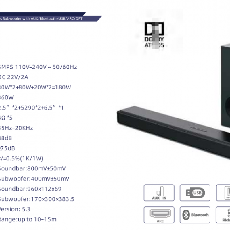 Hot Home Theater System Optical/ARC/AUX/Bluetooth/ TF Card SoundBar
