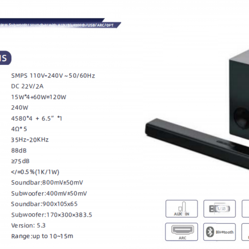 wireless subwoofer soundbar with bluetooth